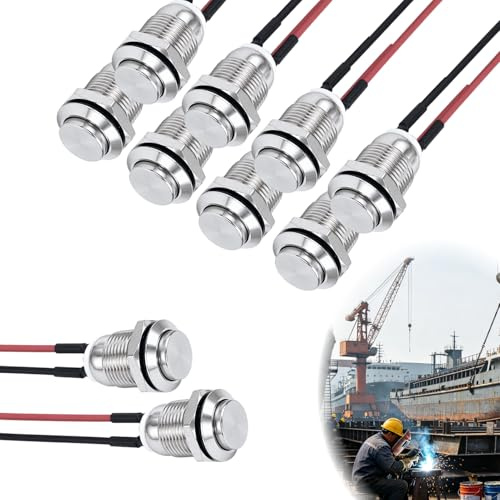 10pcs Momentané Bouton Bouton Poussoir 12 mm, interrupteur métal inox IP65 pré-câblé 2A pour 12V 24V 125V 250V, bouton on off à tête haute pour panneau contrôle