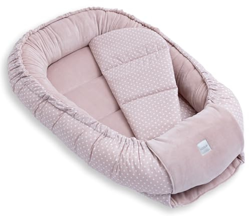 LOOLAY Babynest, Nestchen für Neugeborene – Baby Nestchen 91 × 63 cm mit Matratze, Tragbares Nest aus Samtvelours & Baumwolle (ROSA Velour/Punkten ROSA)