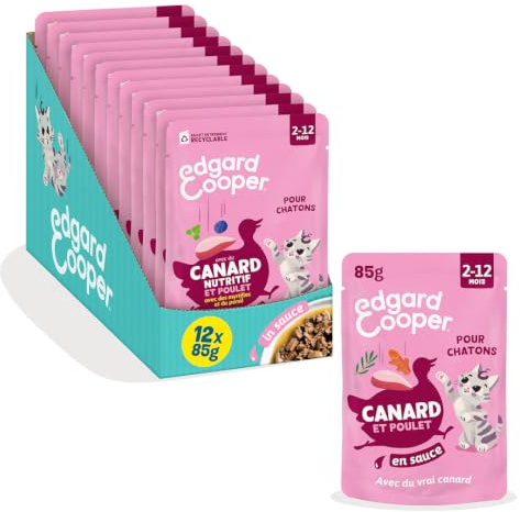 Edgard & Cooper Sachets de nourriture humide au Canard et au Poulet en sauce pour chatons(12x85g), Recette équilibrée avec vrai poulet et vrai canard,Ingrédients naturels,convient aux chats stérilisés