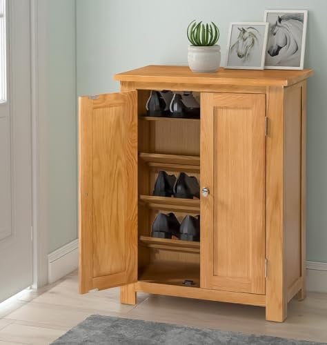 Hallowood Furniture Waverly Oak Shoe Storage Cabinet with 3 Slanted and 1 Top Flat Shelf, Solid Oak Cupboard, 2-Door Slim Shoe Cabinet Fits 15 Pairs Adult Footwear, Hallway Furniture