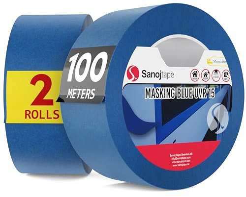 Sanojtape Ruban de Masquage de Peinture Multi-Surfaces Bleu 50mm x 50m (Lot de 2) Papier Masking Tape Résistant aux UV