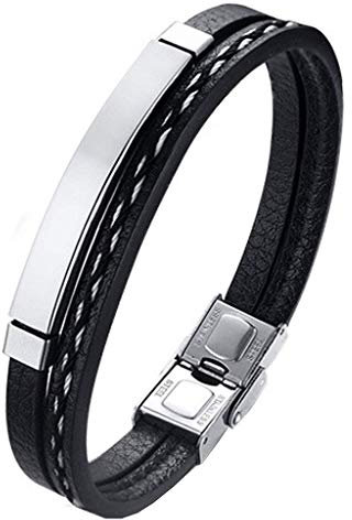 LEGADO Pulsera hombre mujer, cuero pu y acero inoxidable, brazalete vikingo chico negra combinable con anillo pendiente collar colgante o tobillera muñequera personalizable (SILVER 21,5)