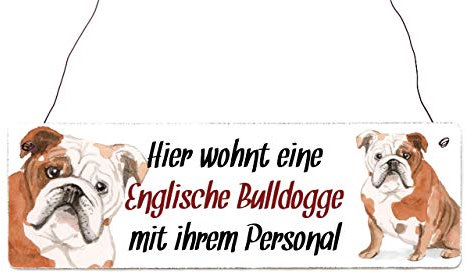 Interluxe Holzschild - Hier wohnt eine Englische Bulldogge - Schild mit Spruch, Warnschild oder Hundeschild als Geschenk für Menschen mit Hund