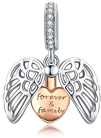 Shining Charm Forever Family 925 Sterling Silver Charms fits Bracelets Rose Gold Plated Heart in Angel Wings Pendant for Necklace