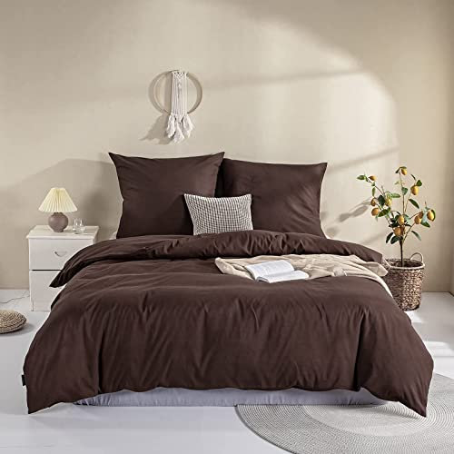 Amolavet Sommer Bettwäsche 200x200 Braun 3teilig Set Mit Reißverschluss für Doppelbett Sommerbettwäsche 200x200 aus Gebürstetem Mikrofaser Bettbezug 200x200cm + 2 Kissenbezüg 80x80cm
