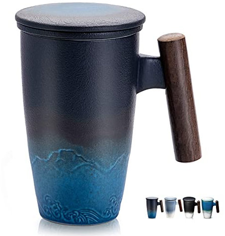 suyika Tomotime Keramik-Teetasse mit Teesieb und Deckel, Teetassen mit Holzgriff, 400 ml, Schwarz / Cyan