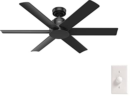 Hunter 52 inch Outdoor or Indoor Ceiling Fan No Light - Black Ceiling Fan without Light, For Patio, Porch, Garage, or Living Room, Standard Mount, 6 Blades, Wall Control - Kennicott 51180, Matte Black