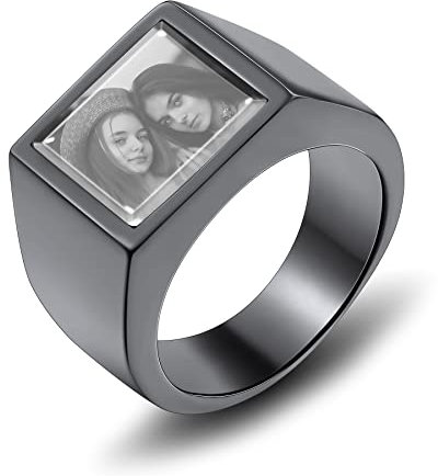 MeMeDIY Personalisierter Fotoring mit Bunten/Schwarz-weißen Bildern Siegelringe für Männer und Frauen, Polierte Edelstahlringe, Personalisiertes Geschenk für Frauen/Männer (Schwarz/Größe 57)