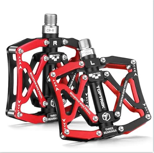 toptrek Fahrradpedal 9/16 Zoll Achse CNC Aluminium MTB Pedale mit 3 Abgedichtete Lager Fahrrad Pedalen rutschfest Breites Plattformpedal für E-Bike, Mountainbike, Trekking, Rennrad Pedale (Rot)