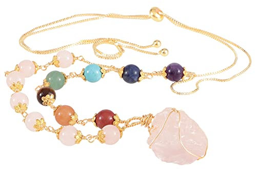 mookaitedecor Natural Raw Crystal Stone Pendant Necklace, 7 Chakra Stones Bead Necklace Semi Precious Gemstone Healing Crystals Necklace for Reiki Chakra Women Jewellery Gift, Rose Quartz, Pink