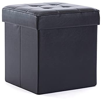 HNNHOME Folding Storage Ottoman Footstool Box, Chest with Lid, Foldable Bench Seat for Living Room, Bedroom, Hallway (Dark Grey-PU, 38 * 38 * 40)