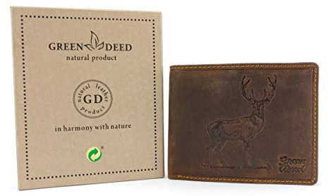 GREEN DEED Echtleder Herren Geldbörse – Groß Portmonee aus Leder – Portemonnaie mit Münzfach – Tri-Fold Geldbeutel Männer - Vintage Braun - Jäger Hirsch - 12 x 9 x 3 cm