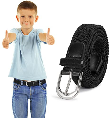 WHIPPY Geflochtener Kinder Gürtel für Jungen Mädchen Elastischer Stoffgürtel Gewebte Stretch Gürtel für Teenager Junioren,Silber Schwarz,75cm