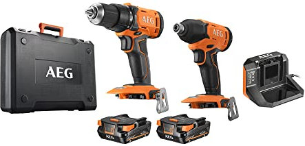 AEG Taladro de percusión compacto, destornillador de impacto, 2 baterías de 2,0 Ah, cargador, caja de 17 piezas