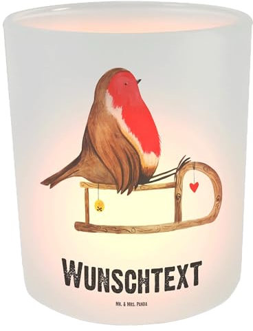 Mr. & Mrs. Panda Personalisiertes Windlicht Rotkehlchen Schlitten - Personalisierte Geschenke, Nikolaus, Winter, Windlicht Für Draußen, Windlicht