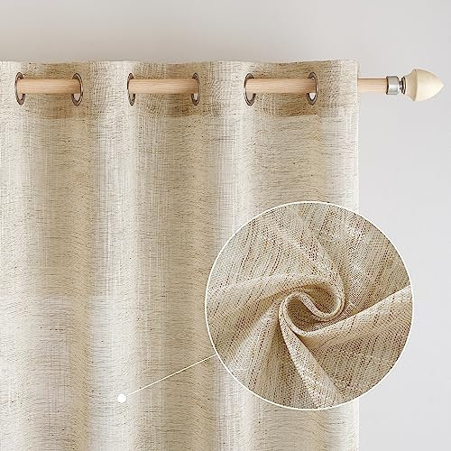 EMEMA Leinen Gardinen Vorhang mit Ösen Wohnzimmer Modern Leinenvorhang Vorhänge Leinenoptik Kinderzimmer Gardine Küche Schlafzimmer 2er Set 140x175cm (B x H) Bräunlich Weiß