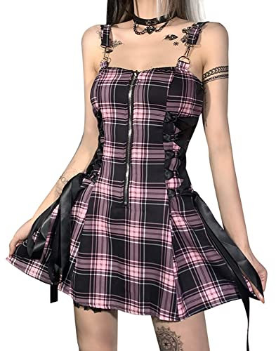 FEOYA Kleid Damen Lässiger Kurz Schnüren Sie Sich Gothic Goth dressTartan Gothic Goth dressRock Sommer Plaid Print Mini Kleider Cosplay Halloween Kostüm Damen - L