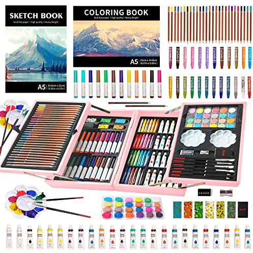 KINSPORY 139 pezzi valigetta colori bambina, pittura valigetta per bambini, Set per disegno, kit disegno acquarellabili bambini (Rosa)