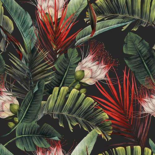 CRE8TIVE Schwarze Palmblätter Tapete Selbstklebend 61cm x 300cm Rote Fototapete Blumen Klebefolie Möbel Tapeten Wohnzimmer Fototapete Schlafzimmer Schrankfolien Selbstklebend Blumentapete Vintage