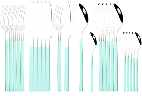 Juego De 24 Piezas/6 Cubiertos, Cuchillo De Cena, Tenedor, Cucharaditas, Vajilla, Juego De Acero Inoxidable,Plata Verde Menta