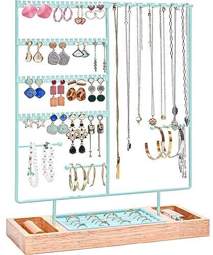 ProCase Jewellery Organiser Stand Earring Holder, 144 Holes Stud Earring Display Rack Necklace Storage Tower with Removable Wood Ring Tray for Necklaces Earrings Bracelets Rings -Blue
