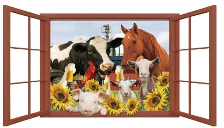 SUPERDANT Bunte Bauernhoftiere Wandaufkleber 3D Fensteransicht Wandaufkleber Fensteransicht Baby Pferd Kuh Schwein Naturfotografie Wandkunst Vinyl Aufkleber Für Kinderzimmer Wohnzimmer