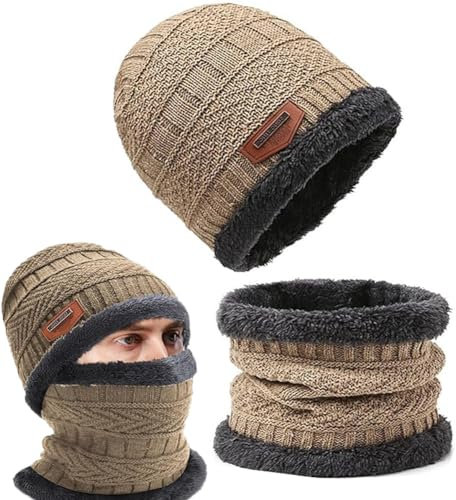 OUOQI Winter Warm Beanie Mütze und Loop Schlauchschal Mit Fleecefutter - Wintermütze und Schal-Set