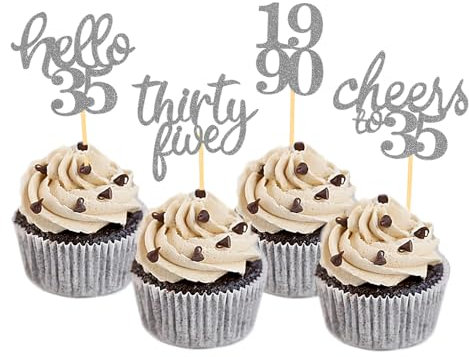 24 Stück Glitzer 35. Geburtstag Cupcake Toppers, Geburtstagsdeko 35 von 1990 für 35. Geburtstag Junge, 35 Geburtstagsfeier Zubehör Party Dekoration Kuchendekoration (Silber)