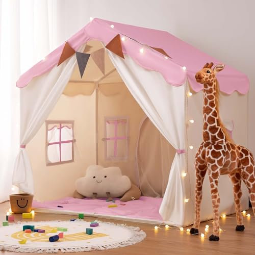 besrey Tente Enfant 2 en1, Cabane Enfant Intérieure avec Tapis Rembourré, Lumières et Drapeaux, Tente de Jeu pour Enfants Princesse, Idéal pour la Décoration de Chambre d'enfants et Fête (Rose)