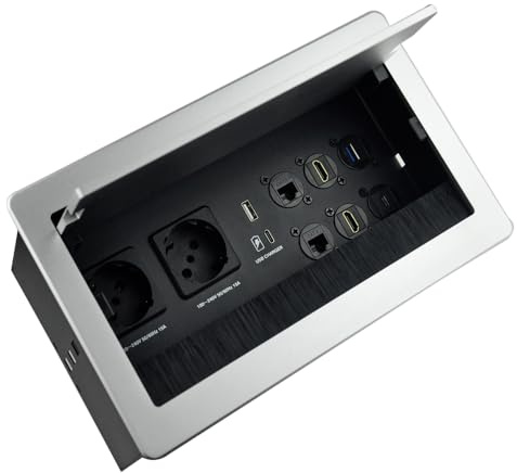 Einbausteckdose versenkbar Konferenzraum Tisch Multimedia Steckdose Silber-2xSchuko-2xCAT6-2xHDMI-1xUSB3.0-Stereo-1xUSB-C Daten (Silver)