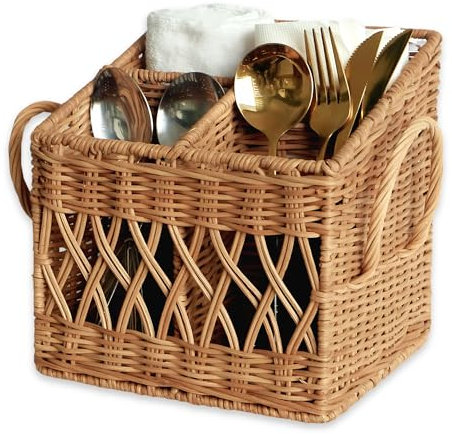 Chi An Home Wicker Utensil Holder For Countertop, Rattan Farmhouse Cutlery Caddy, Handwoven Party Silverware Organizer For Knife, Spoons, Multi-Use 4-Compartment (Square)