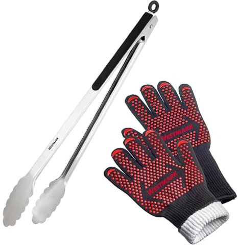 Westmark Set Guanti Grill per Griglia Ignifughi + 1 Pinza per griglia – Ideale per lavorare in sicurezza sulla griglia, nel forno o sul caminetto – Lunghezza: 37,7 cm, 156422E6
