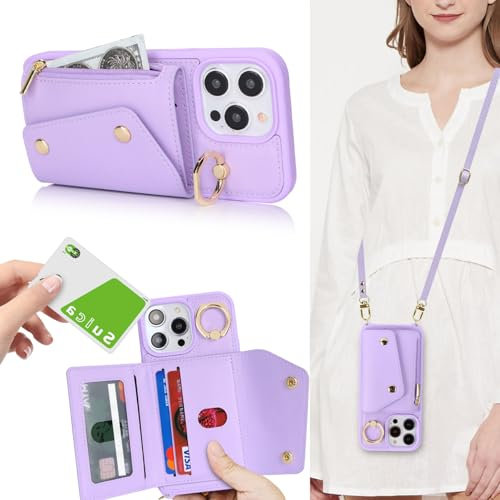 Zouzt for iPhone 15 Pro Case with Card Holder and Strap, Card Slots Zipper Wallet Phone Case PU Leather Crossbody Lanyard Drop Protection Cover for iPhone 15 Pro 6.1 inch - Purple