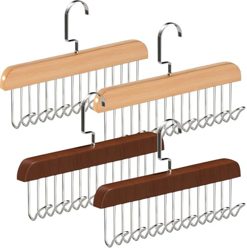 Anti Slip Multi Hook Coat Rack, 4 Pack Belt Hanger for Wardrobe, Multifunctional Coat Hanger Hooks Space Saving Hangers with 8 Hooks, Wooden Closet Hanging Storage Organiser for Scarf Bra Ties