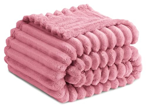 RUIKASI Fleece Throw Blanket for Sofa - Single Fluffy Pink Throws for Sofas Large, Soft Warm Blanket Throw for Couch, Luxury Decorative Ribbed Bed Blanket 130x150cm