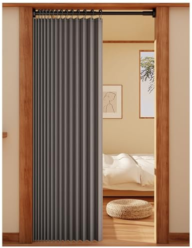 APMOE Türvorhang mit Teleskopstange, Ohne Bohren Türvorhang Kälteschutz, Raumteiler Vorhang Schallschutz Falttüren Innentüren(Grau,Rod 120-150cm/curtain 150x180cm)