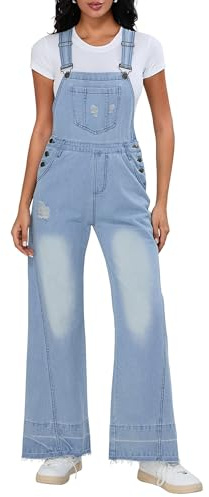 Fiacafyo Women Casual Wide Leg Denim Dungaree Jumpsuit Loose Fit Jean Denim Bib Jumpsuit High Waist Jean Pants Jumpsuits with Pockets (F-Blue, L)