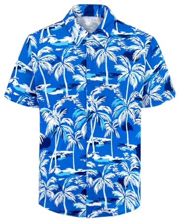 XiaoMoSha Mens Hawaiian Shirts Short Sleeve Wrinkle Free Button Down Summer Casual Shirt for Men Tropical Holiday Beach Funky Party Tops, NavyBlueTree, Small