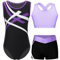Yruioon 3 Stück Mädchen Turnanzug Ärmellos Gymnastikanzug Streifen Gymnastik Leotard + Sport BH Tops + Shorts Turnen Gymnastik Kleidung A Lila 134-140