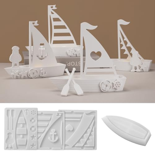Skeadex Silikonformen Gießformen Sommer, 4er 3D Silikonform Segelboot mit Möwe Anker Gießform Segelboot Gießformen Silikon Sommer Silikonform Maritim Gips zum Gießen Boot Silikonformen Schiff