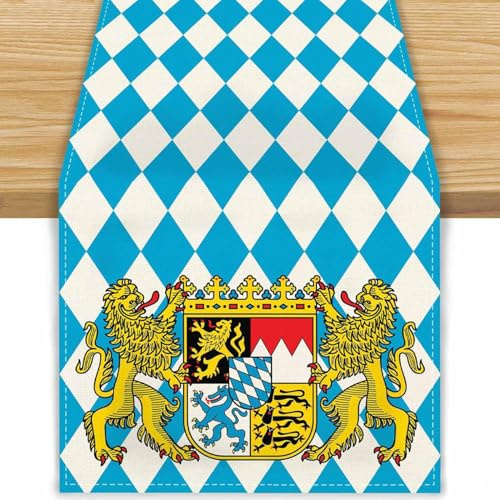 JClorix Oktoberfest Tischläufer 33×183cm – Bayerische Tischdecke Blau Weiß mit Rautenmuster & Wappen – Tischdekoration für Wiesn, Festzelt, Party, Wohnzimmer & Restaurant – 100% Leinen