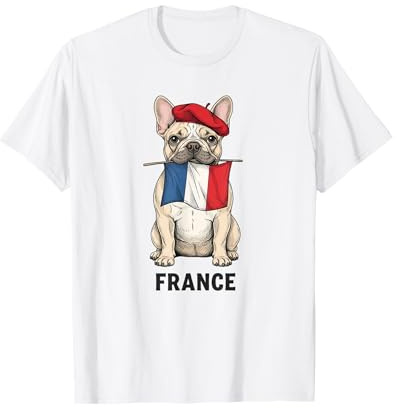 Bouledogue français avec Drapeau Béret France Art Voyage Souvenir T-Shirt