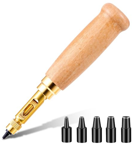 Japanese Screw Punch, Adjustable Leather Hole Punch, Wooden Handle Bookbinding Tool with 6 Tips, Belt Hole Puncher for Sewing Leather, Craft Puncher (1.5mm/2mm/2.5mm/3mm/3.5mm/4mm)