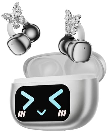 ZOMBIES CAT Jewellery Clip On Kopfhörer,Open Ear Kopfhörer Bluetooth 5.4 Mit Intelligenter Touchscreen,3.7G Kabellos Sport Kopfhörer,Ip45 Wasserdicht,Ai-Enc Clear Calls,Hy-C02,Diamant-Ohrring Silber