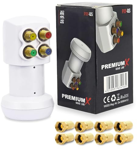 Premium X PXV-QS Quad LNB - 4-Fach LNC Kopf mit LTE-Filter - 4 Teilnehmer - SAT Digital DVB-S2 4K HD 3D - vergoldete Kontakte - Weiß - extra klein - inklusive 8X F-Stecker