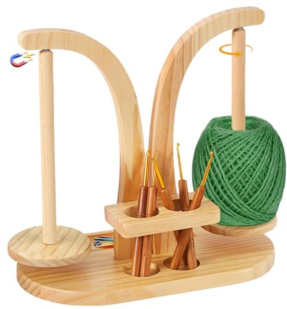Yarn Holder, Magnetic Wool Holder with Crochet Accessories Storage, Double Yarn Ball Holder Stand, Detachable Wooden Yarn Spinner, Rotatable Yarn Ball Dispenser for Knitting Crochet Lovers (B)