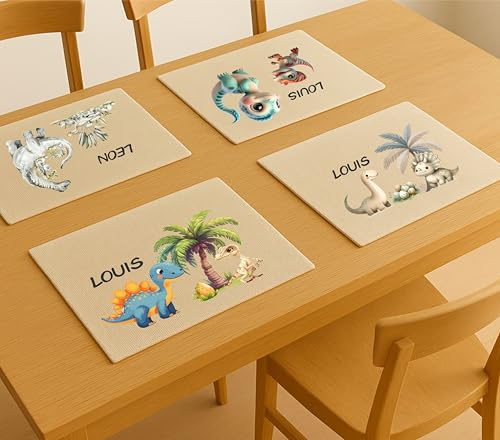 Tischset Kinder personalisiert mit Dinosaurier-Motiven | Platzdeckchen mit Namen | | Kinder Tischset | Frühstücksdeckchen Schule | Tischunterlage Dino Jungen