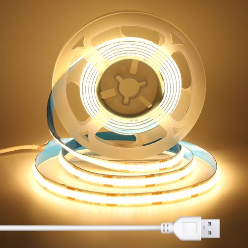 2m COB LED Streifen mit 1.5m USB Kabel, 8 mm Breit, CRI 92+, 5V LED Streifen Warmweiss für TV Hintergrundbeleuchtung, Kopfteil, Unterschrank, Selbstklebend LED Band für Indirekten Beleuchtung, 3000K
