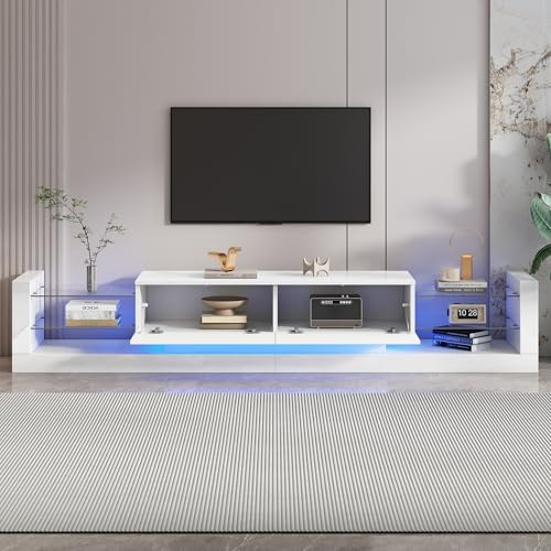 Kelodan Hochglanz-TV-Schrank 181cm mit LED-Beleuchtung – Für Fernseher bis 80 Zoll, Glasfront, Zwei klappbare Schubladen