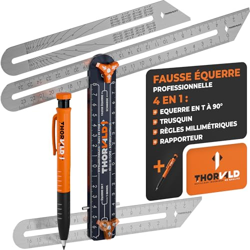 THORVALD 4 en 1 Fausse Équerre + Crayon Chantier + 2 Règles Inox 190mm & 265mm - Transfer d’angle précis - Aluminium anodisé - Tous travaux : menuisier, charpentier, carrelage